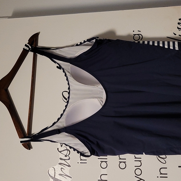 Beach CouturePlus Contrast Stripes One-Piece Swimsuit  white and navy - Picture 5 of 5